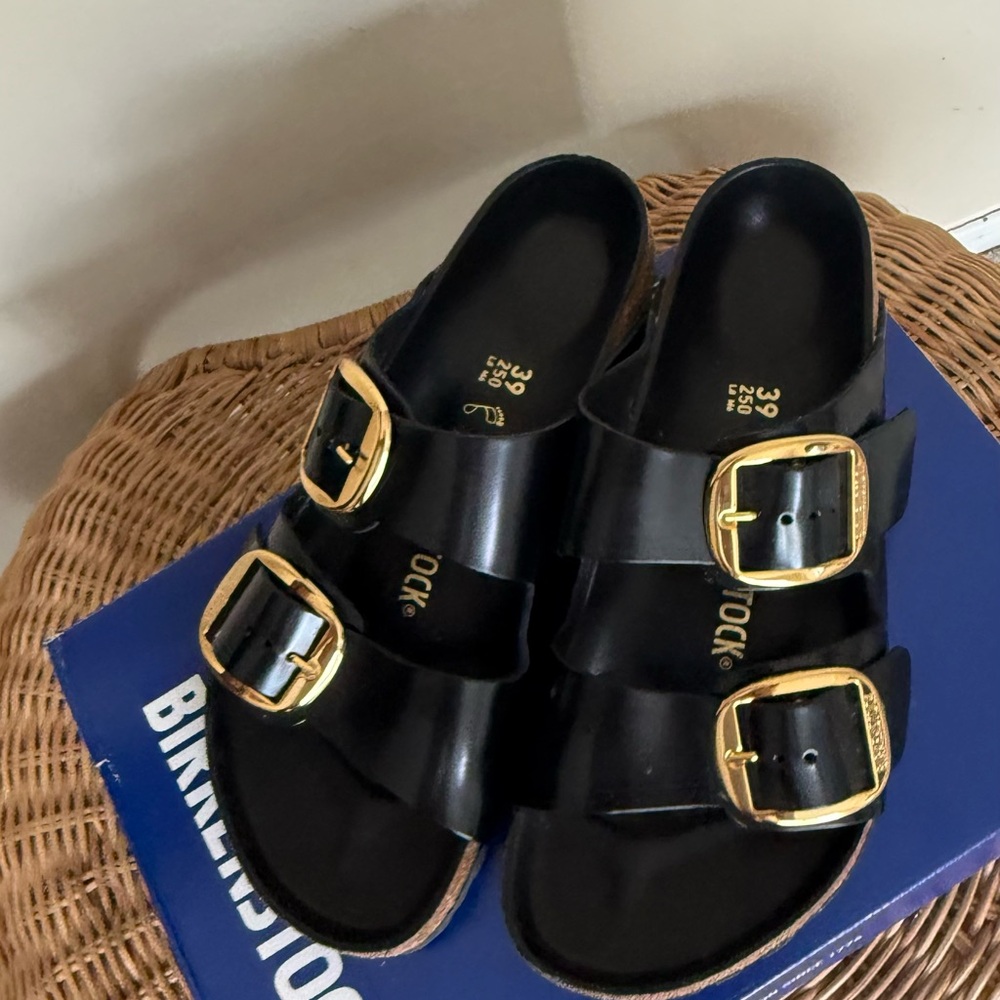 Birkenstock Black Slides with Gold Accents